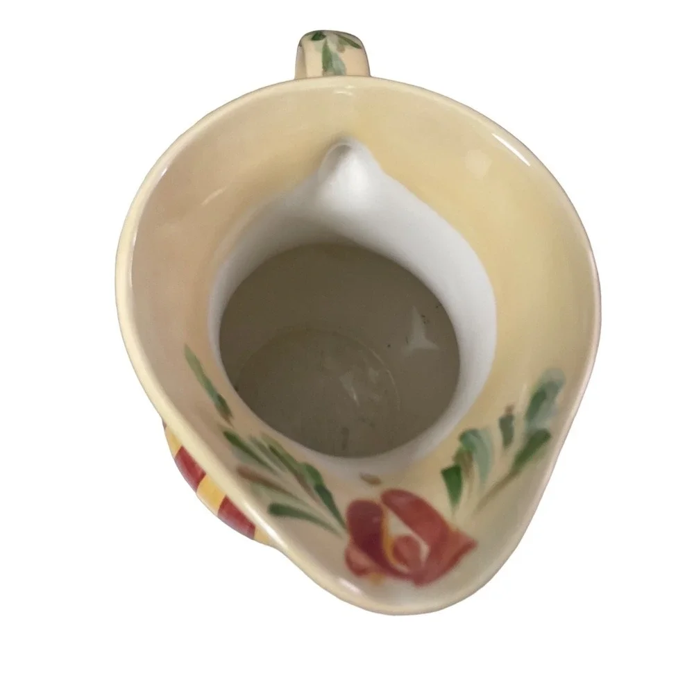 Gail Pittman Ceramic Pitcher Hand Painted Yellow Red Striped Floral Tuscan Decor